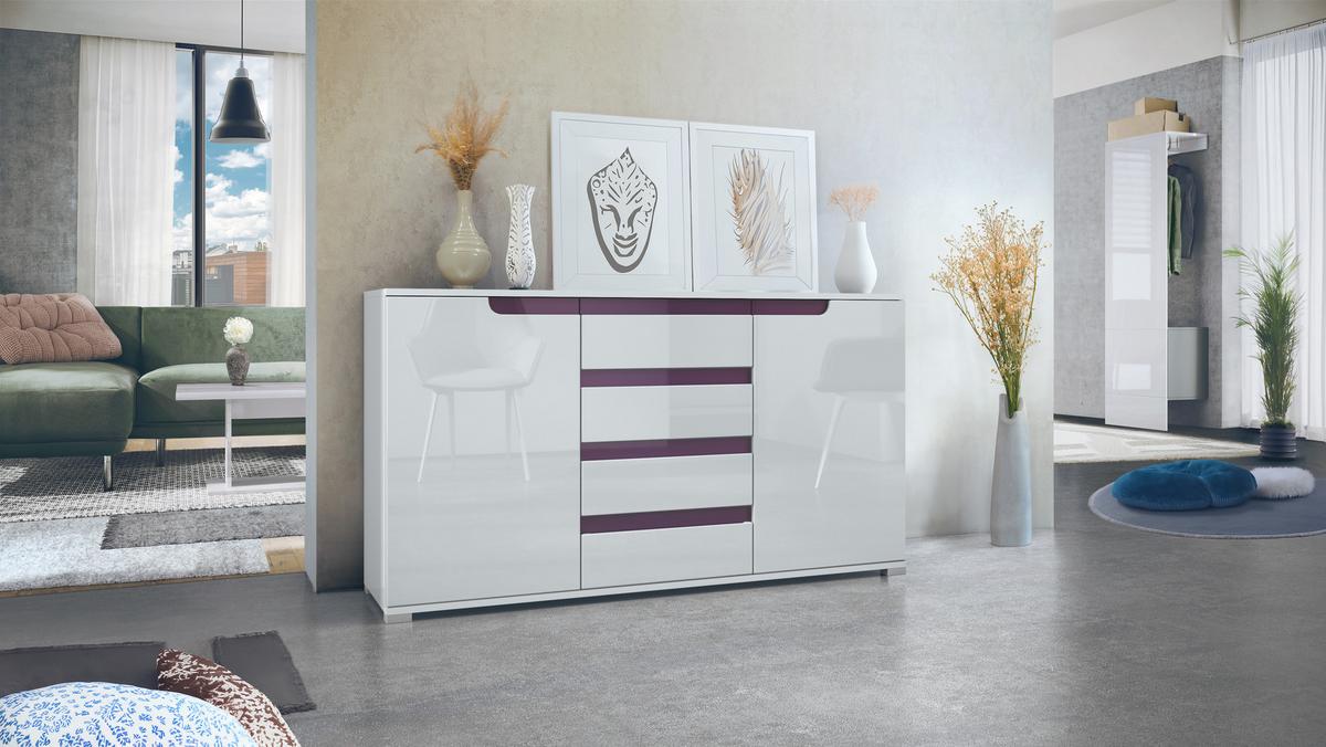SIDEBOARD Sylt Weiß Hochglanz / Brombeer Hochglanz - Weiß Hochglanz/Lila, Holzwerkstoff (138.5/75.5/35cm) - Vladon