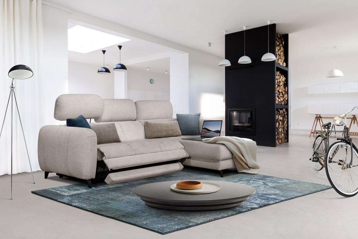 ECKSOFA SVEN 3-Sitzer, 1 Relax XL, verstellbare Kopfstützen, creme - Creme/Schwarz, Holzwerkstoff/Textil (256/163cm) - Wozimo