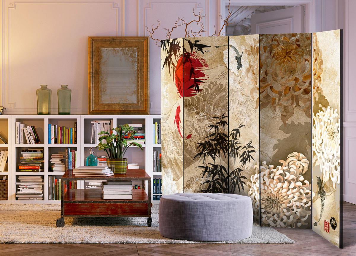 PARAVENT Beidseitig Bedruckter 5-tlg 225x172 cm Koi-Fische Japanischer - Braun, Holz/Textil (225/172/3cm) - Muralo