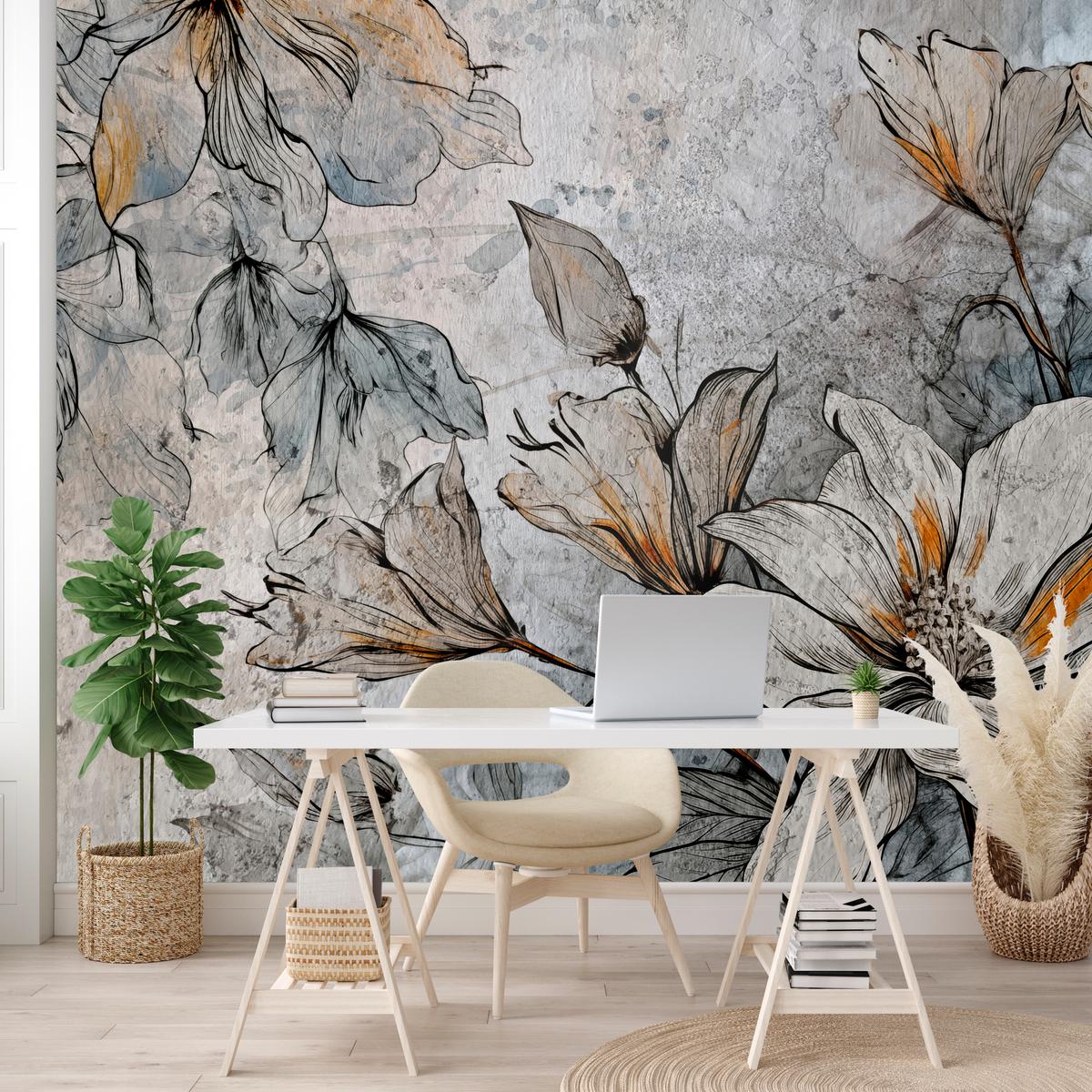 FOTOTAPETE für Büro Blumen Blätter Betongrund Vintage Pflanzen 100x70 - Grau, Papier (100/70cm) - Muralo