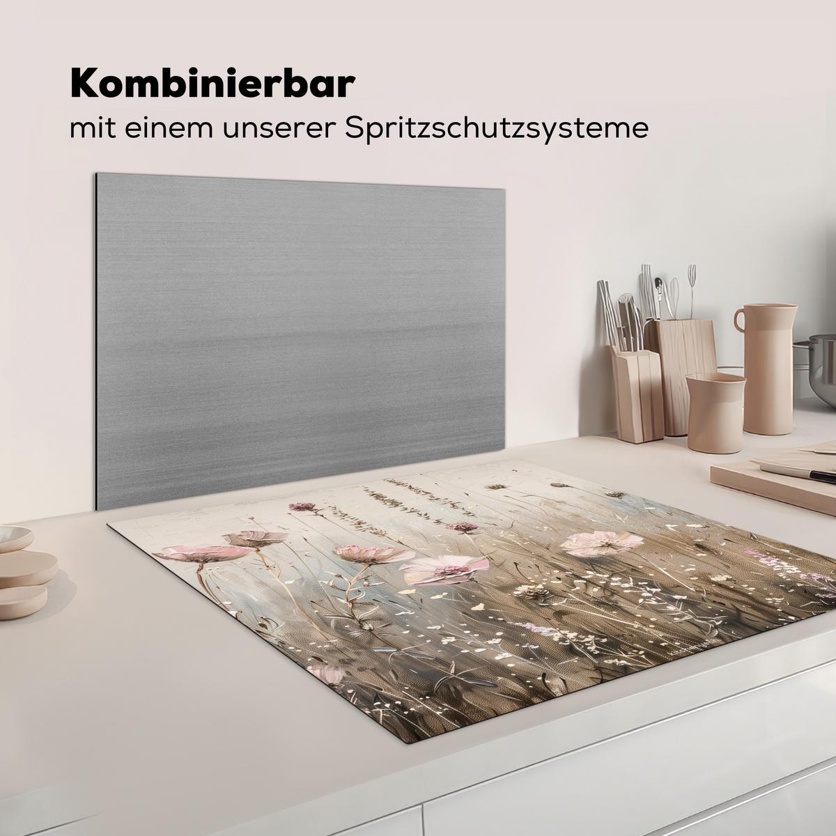 HERDABDECKPLATTE Blumen - Beige - Trockenblumen Induktionsmatte 78x78 cm - Beige, Kunststoff (78/78/0.2cm) - MuchoWow