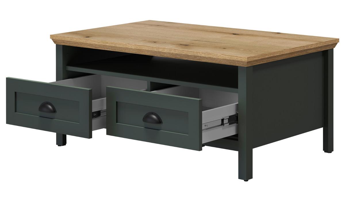 COUCHTISCH grün, Evoke Eiche Landhaus 101 x 60 cm, Beistelltisch mit Schubkästen - Eichefarben/Schwarz, Holzwerkstoff/Kunststoff (60/101/45cm) - Top.Furn