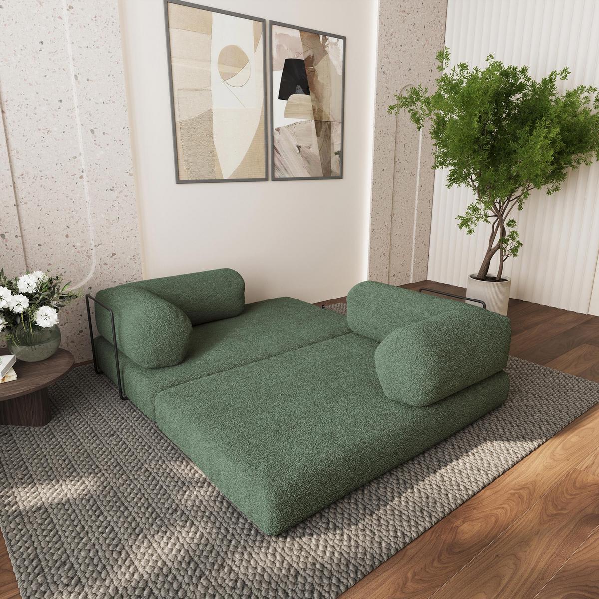 ECKSOFA KELI modulares Boneless Sofa mit Schlaffunktion Grün Boucle-Stoff - Grün, Textil (270/160cm) - MASSENO