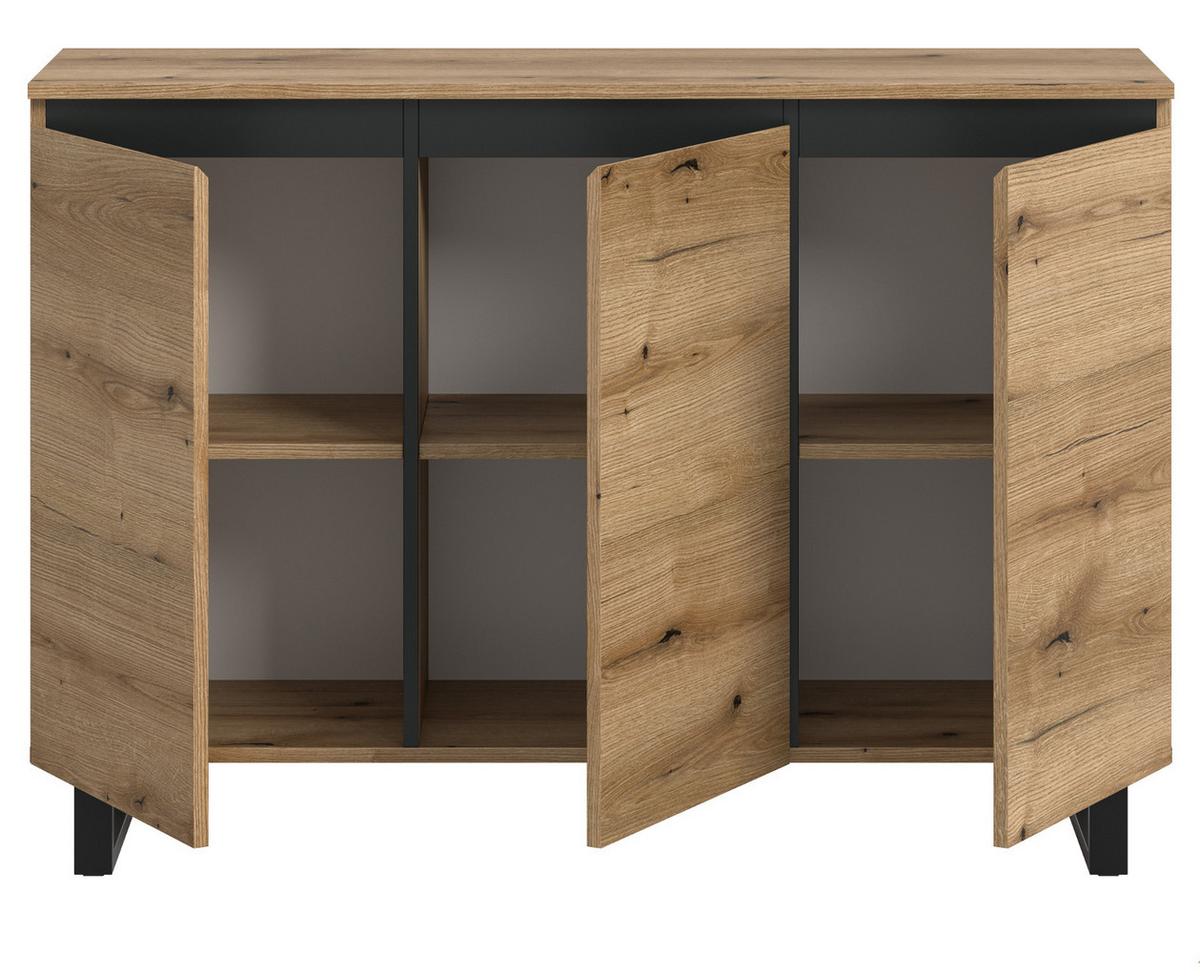 SIDEBOARD Eiche Evoke mit Schwarz, Kommode 3-türig 120 x 84 cm, Soft-Close - Eichefarben/Schwarz, Holzwerkstoff/Metall (120/84/36cm) - Inn.Furn
