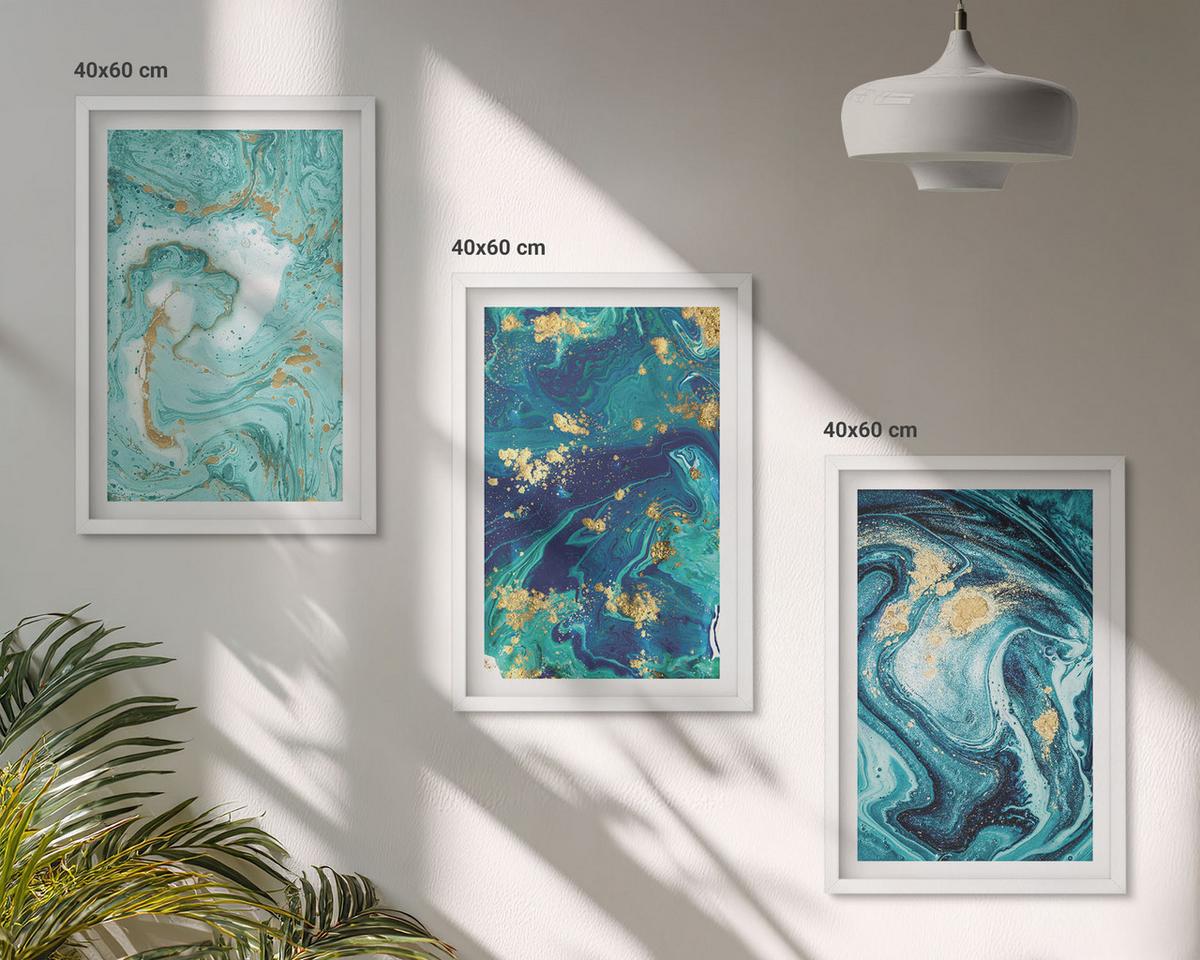 BILDER SET 3er Set - 40x60 cm Weißer Rahmen - Abstraktion von Türkisfarbe - Weiß, Kunststoff (40/60cm) - TULUP