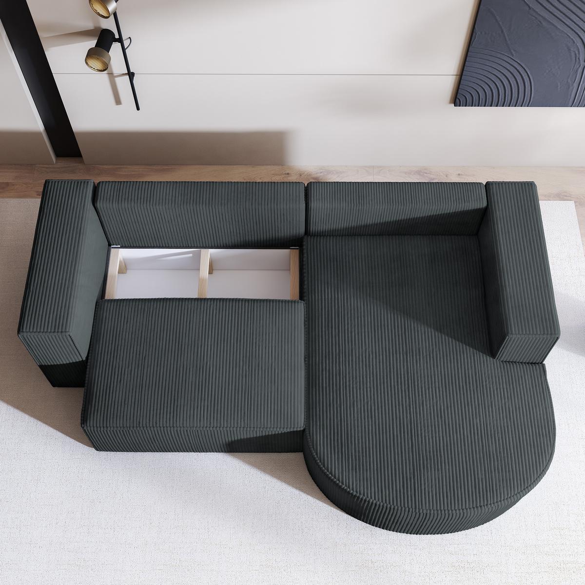 ECKSOFA SORELA P R-S Graphitfarben Kordstoff mit Schlaffunktion - Graphitfarben, Holz (263/174cm) - MASSENO