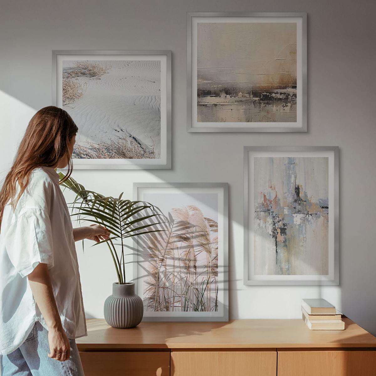 BILDER SET 4er Set - 50x50 cm & 40x60 cm Silberner Rahmen - Abstrakte Vegetationsmuster - Silberfarben, Kunststoff (50/50cm) - TULUP