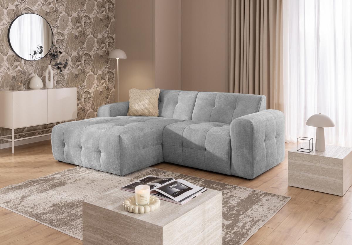 ECKSOFA mit Ottomane links, raffinierten Steppungen, Wellenunterfederung, B234/T161/H79 cm, Chenille-Bezug in Hellgrau / 21044 - Hellgrau/Schwarz, Kunststoff/Textil (234/79/161cm) - luma-home