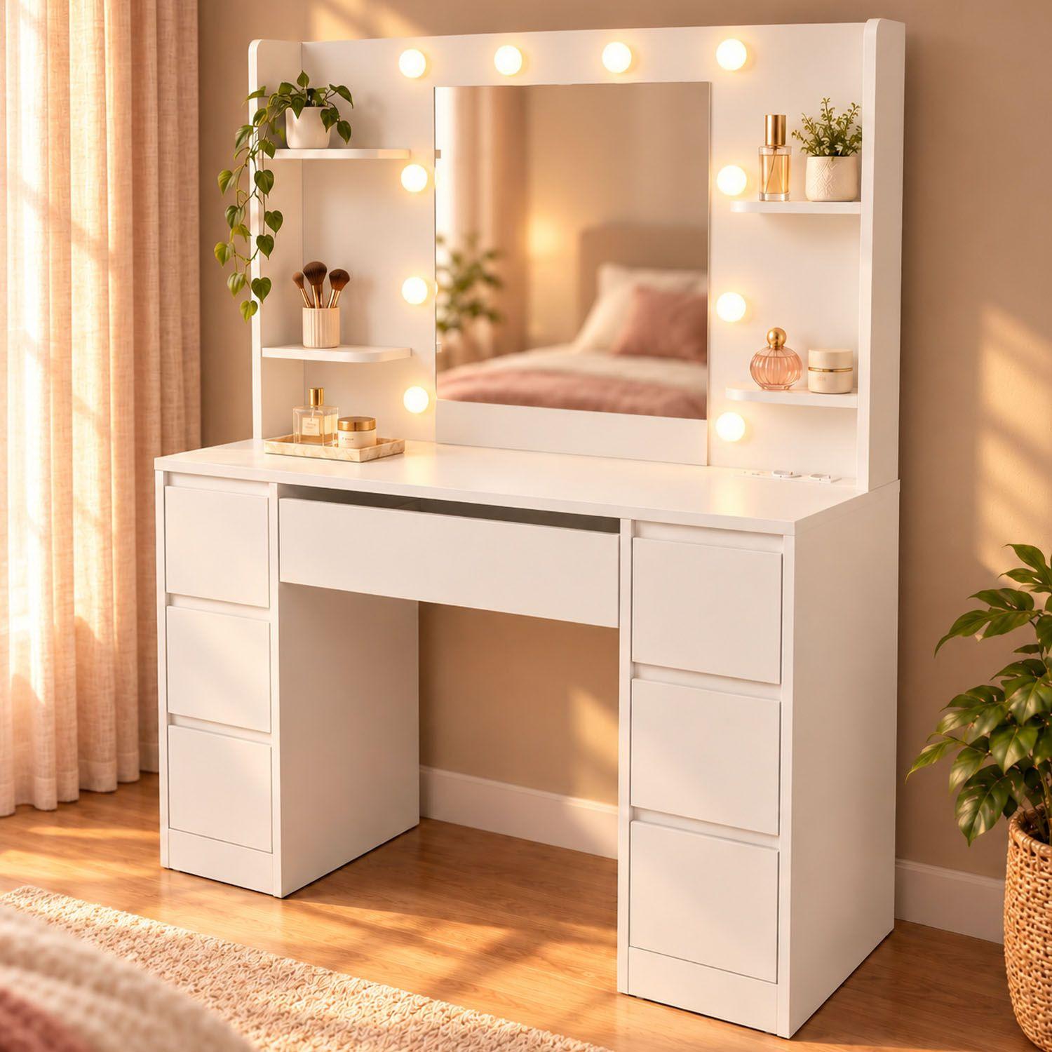 SCHMINKTISCH Malia mit LED - Weiß, Holz (107/140/40cm) - Juskys