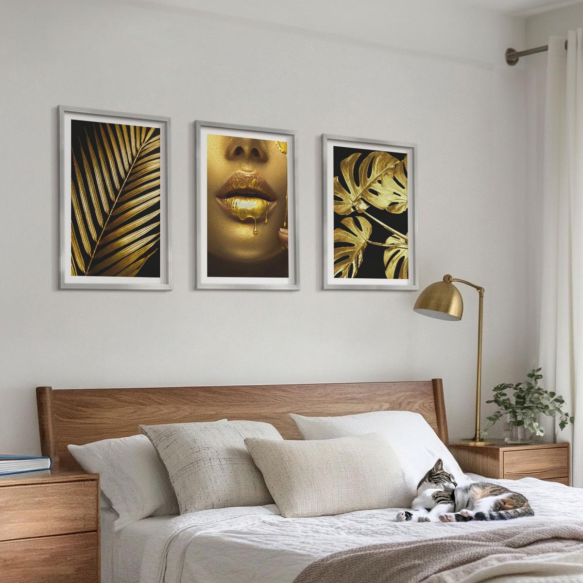 BILDER SET 3er Set - 40x60 cm Silberner Rahmen - Mund einer Frau mit Monstera-Palme - Silberfarben, Kunststoff (40/60cm) - TULUP