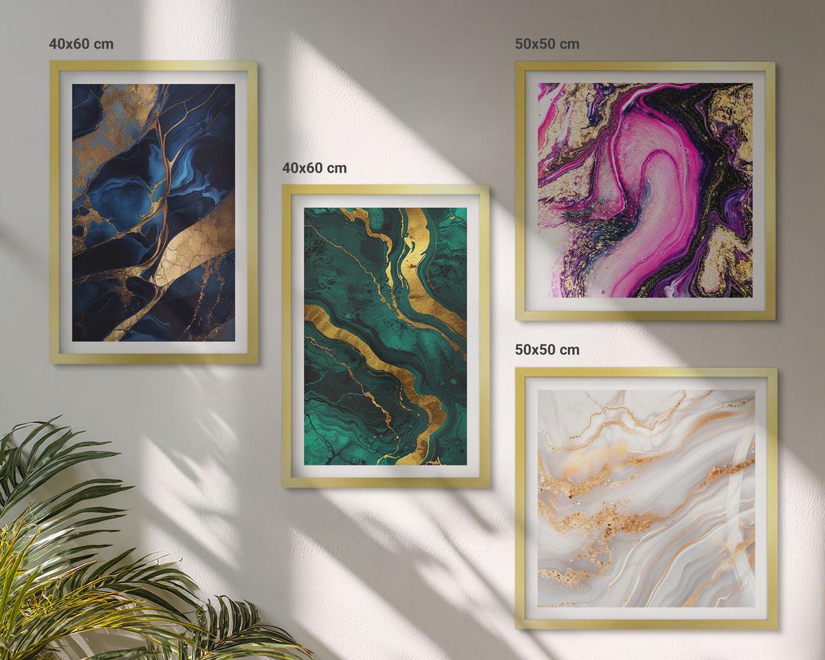 BILDER SET 4er Set - 50x50 cm & 40x60 cm Goldrahmen - Abstrakter Marmor mit Farben - Goldfarben, Kunststoff (50/50cm) - TULUP