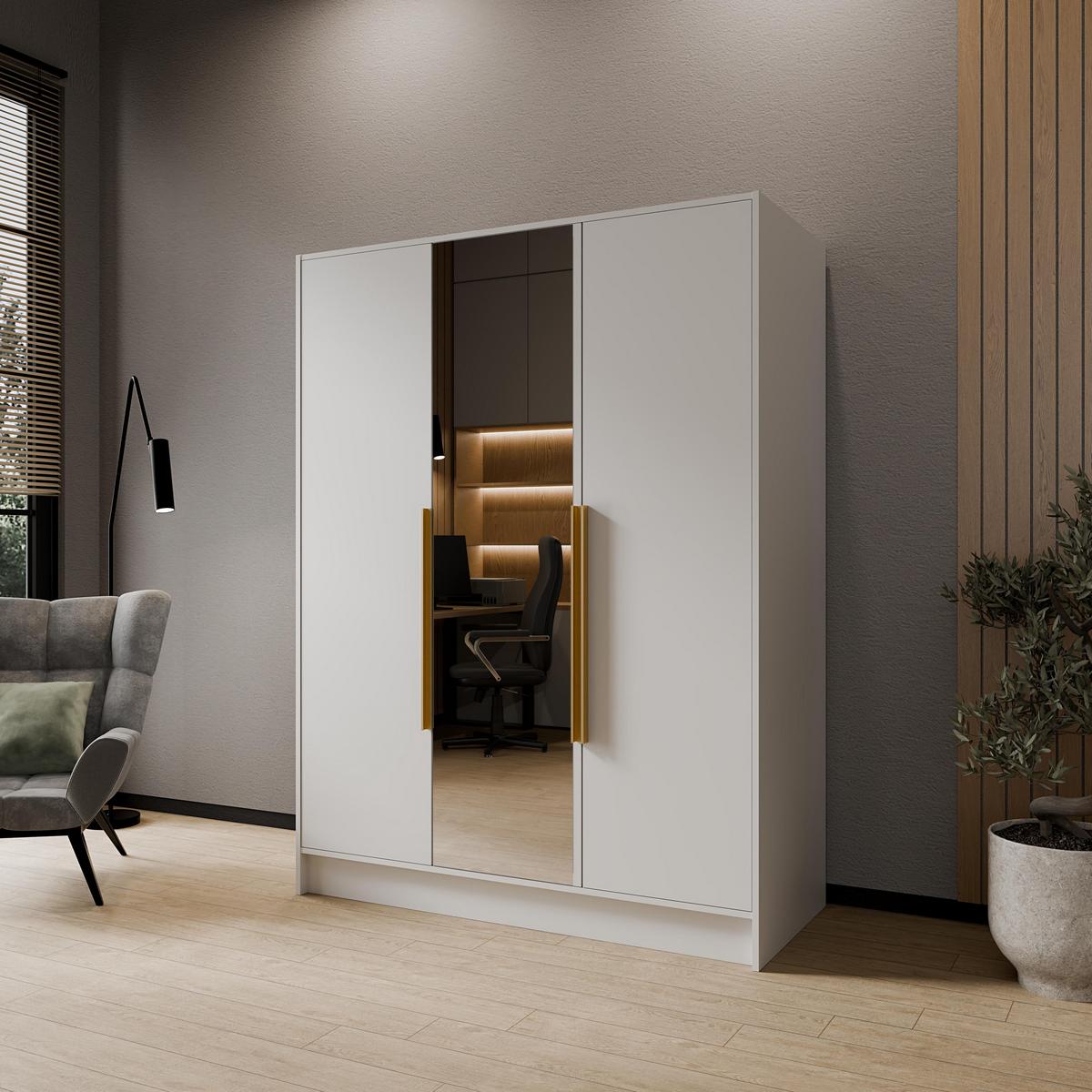 DREHTÜRENSCHRANK RENVO 150/200/51 cm Modern Kleiderschrank 3-türig mit Spiegel Weiß - Weiß, Holzwerkstoff (150/200/51cm) - MASSENO