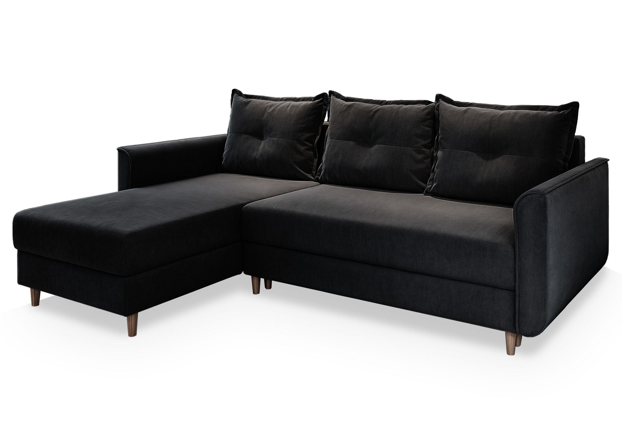 ECKSOFA PISAN L-S Schwarz Plüsch-Stoff mit Schlaffunktion - Schwarz/Braun, Holz/Textil (220/140cm) - MASSENO