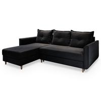 ECKSOFA PISAN L-S Schwarz Plüsch-Stoff mit Schlaffunktion - Schwarz/Braun, Holz/Textil (220/140cm) - MASSENO