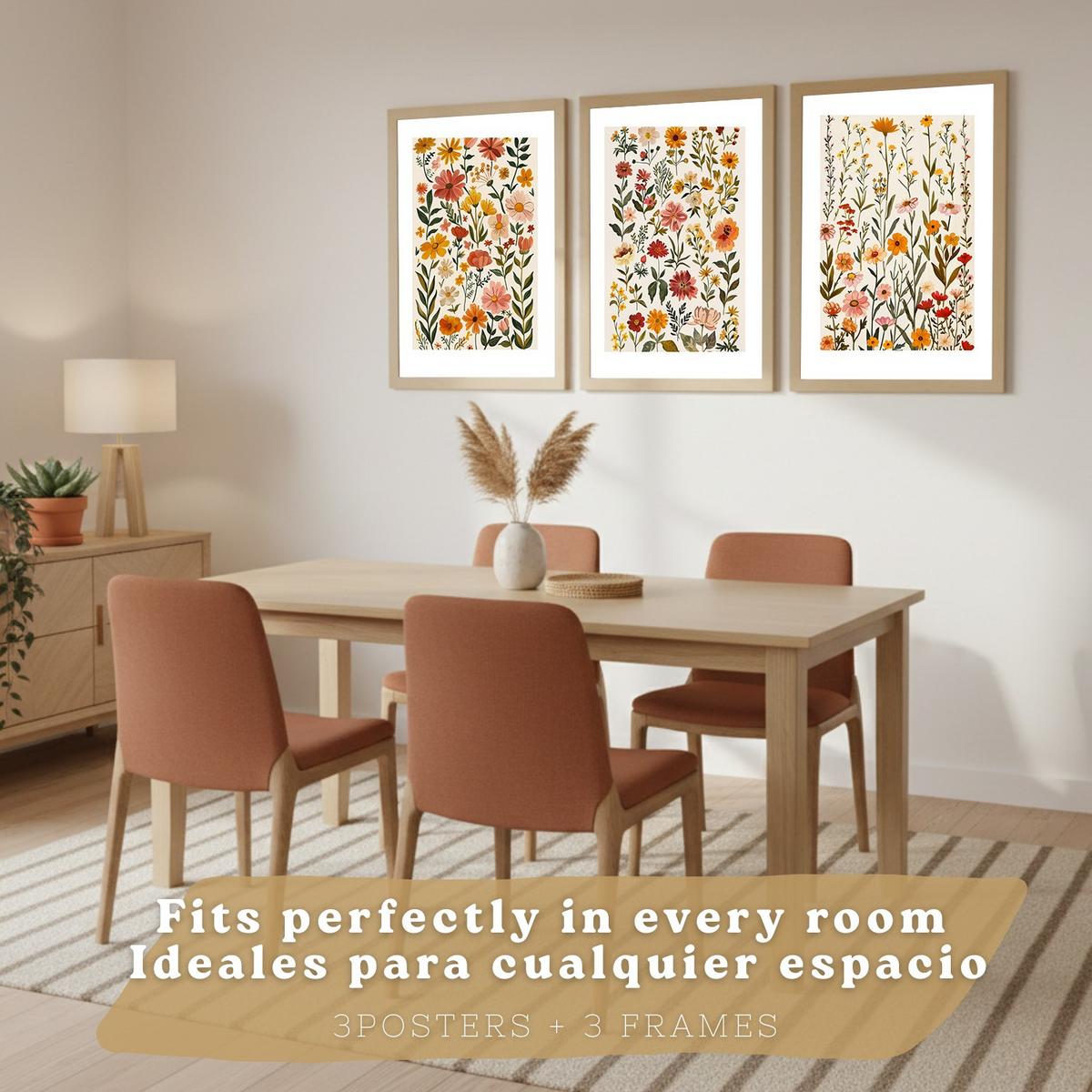 POSTER 3er-Set Wandbilder Wildblumen modern Wohnzimmer Deko, Schlafzimmer, Küche, Badezimmer Leichter Holzrahmen A4 - Beige, Papier (29.7/1/21cm) - Nacnic