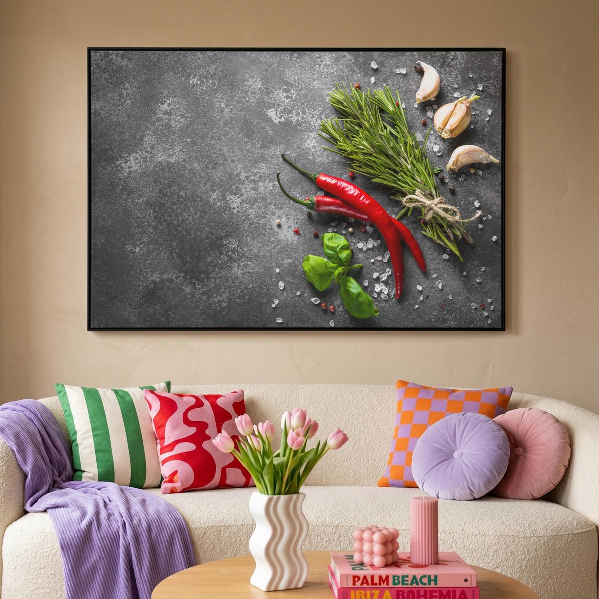 LEINWAND Bilder mit Rahmen - Pfeffer - Kräuter - Gewürze - Beton - 150x100 - Dunkelgrau, Textil (150/100cm) - MuchoWow