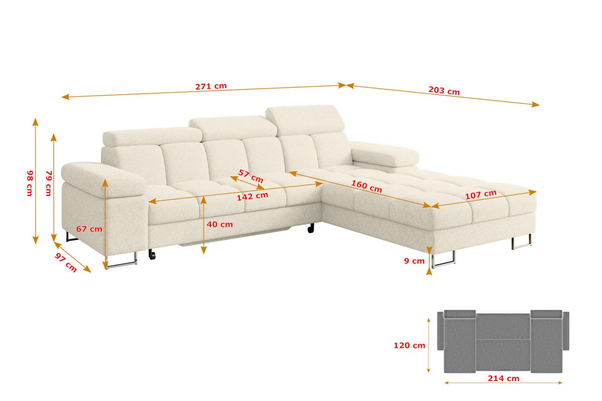 ECKSOFA mit Schlaffunktion Ottomane Rechts COMA L 271x203x79 Creme Tissu - Creme, Holzwerkstoff/Textil (203/271cm) - ALTDECOR