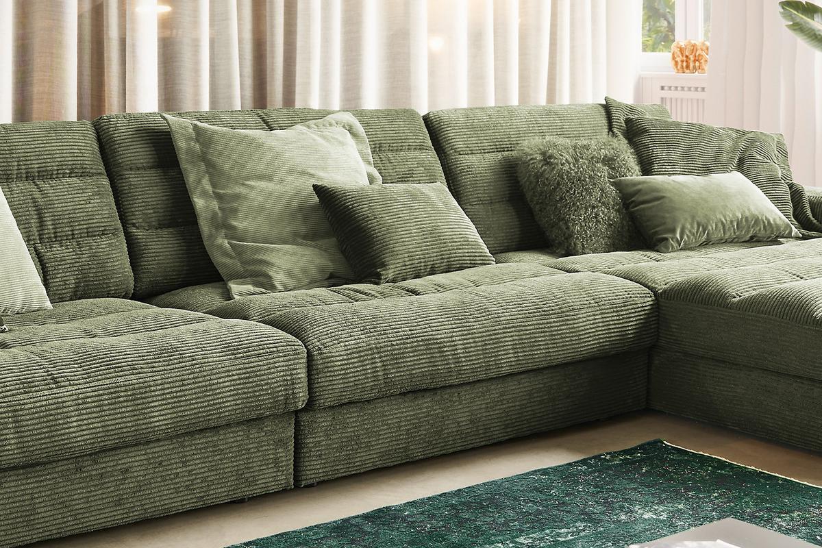 ECKSOFA XL LANA Grün Cord - Schwarz/Olivgrün, Textil (416/205cm) - KAWOLA