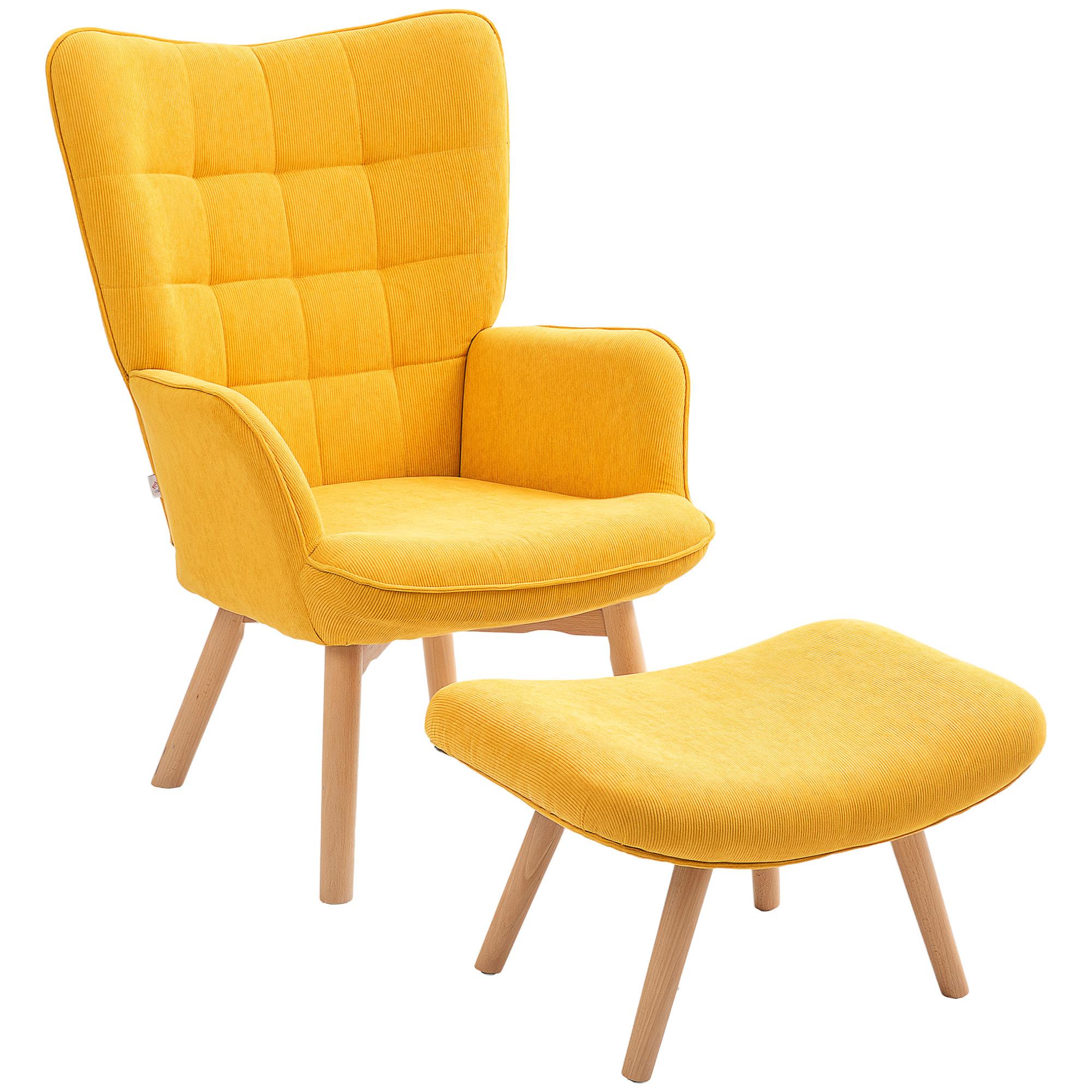 OHRENSESSEL mit Hocker, Relaxsessel, Polstersessel in Kordoptik, Loungesessel - Buchefarben/Orange, Holz/Buchenholz (80/101/72cm) - HOMCOM
