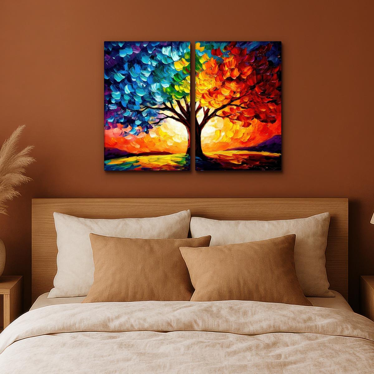 LEINWANDBILD 2er Set Baum - Farbenfroh - Malerei-Look - Abstrakt 80x60 cm - Multicolor, Textil (80/60cm) - MuchoWow