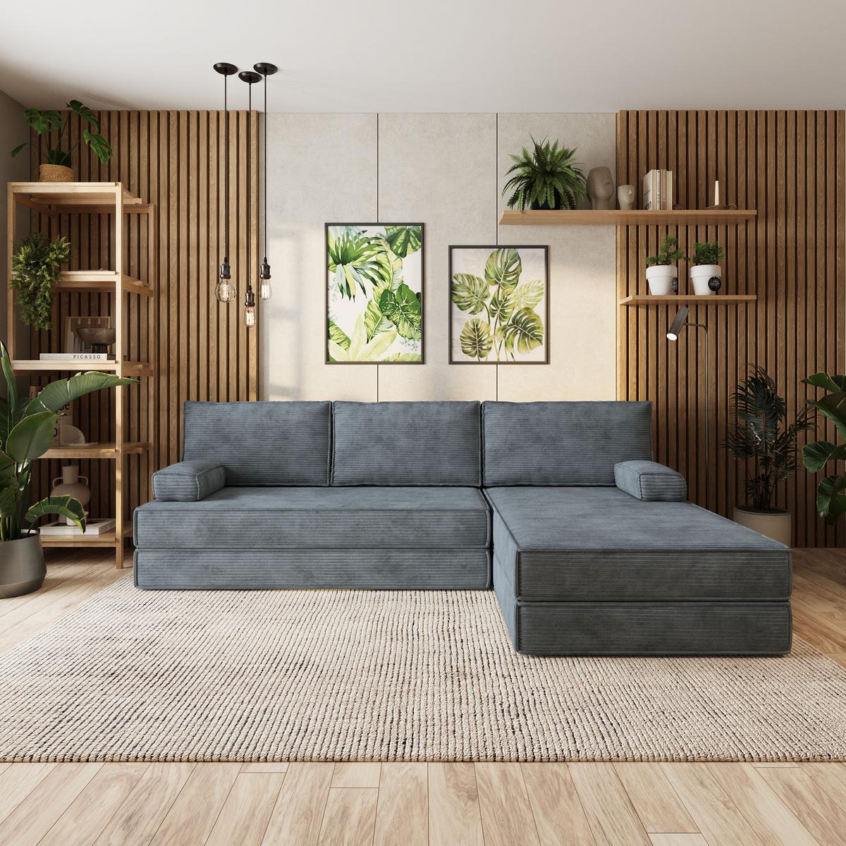 ECKSOFA ANKO modulares Boneless Sofa mit Schlaffunktion Grau Kordstoff - Grau, Textil (270/160cm) - MASSENO