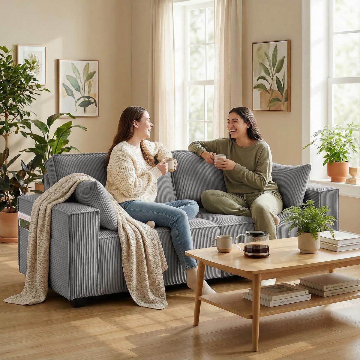 SOFA 3-Sitzer aus Polyester Hellgrau - Hellgrau/Schwarz, Holzwerkstoff/Kunststoff (79/91/218cm) - HOMCOM