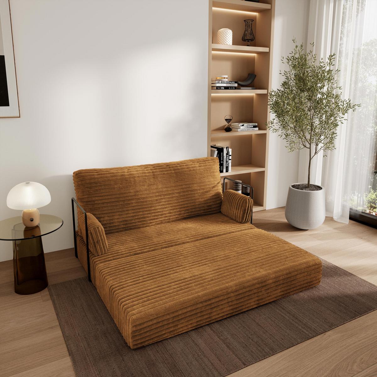 BETTSOFA LADIA aus Schaumstoff Kordstoff Orange Schlaffunktion - Orange, Textil (140/86/60cm) - MASSENO