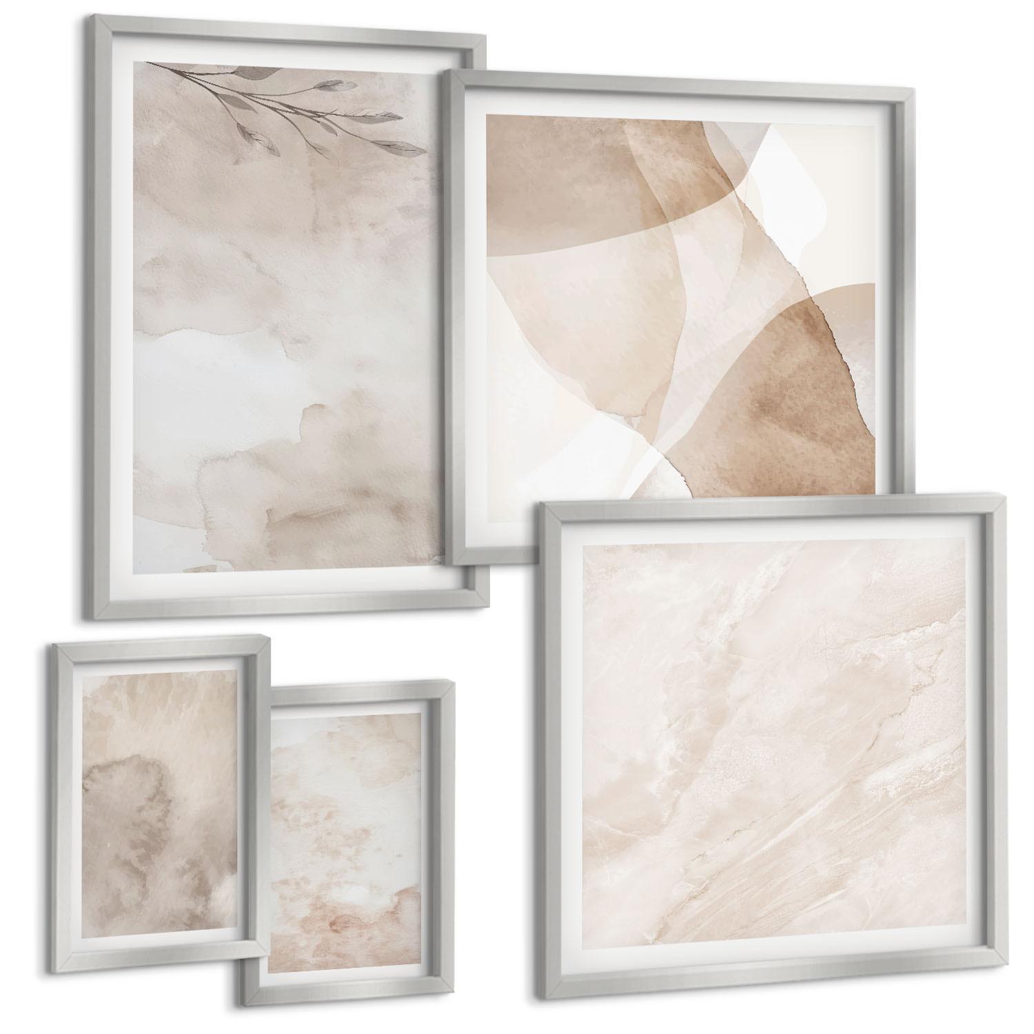 BILDER SET 5er Set - 50x50 cm & 20x30 cm & 40x60 cm Silberner Rahmen - Aquarellfarben, Boho-Texturen - Silberfarben, Kunststoff (40/60cm) - TULUP
