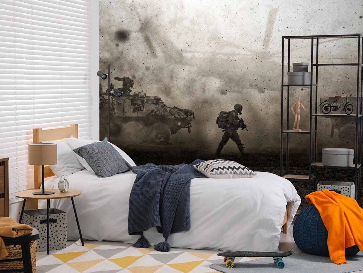 FOTOTAPETE für Jugendzimmer Wüste Militär Hubschrauber Panzer 150x105 - Beige/Schwarz, Papier (150/105cm) - Muralo