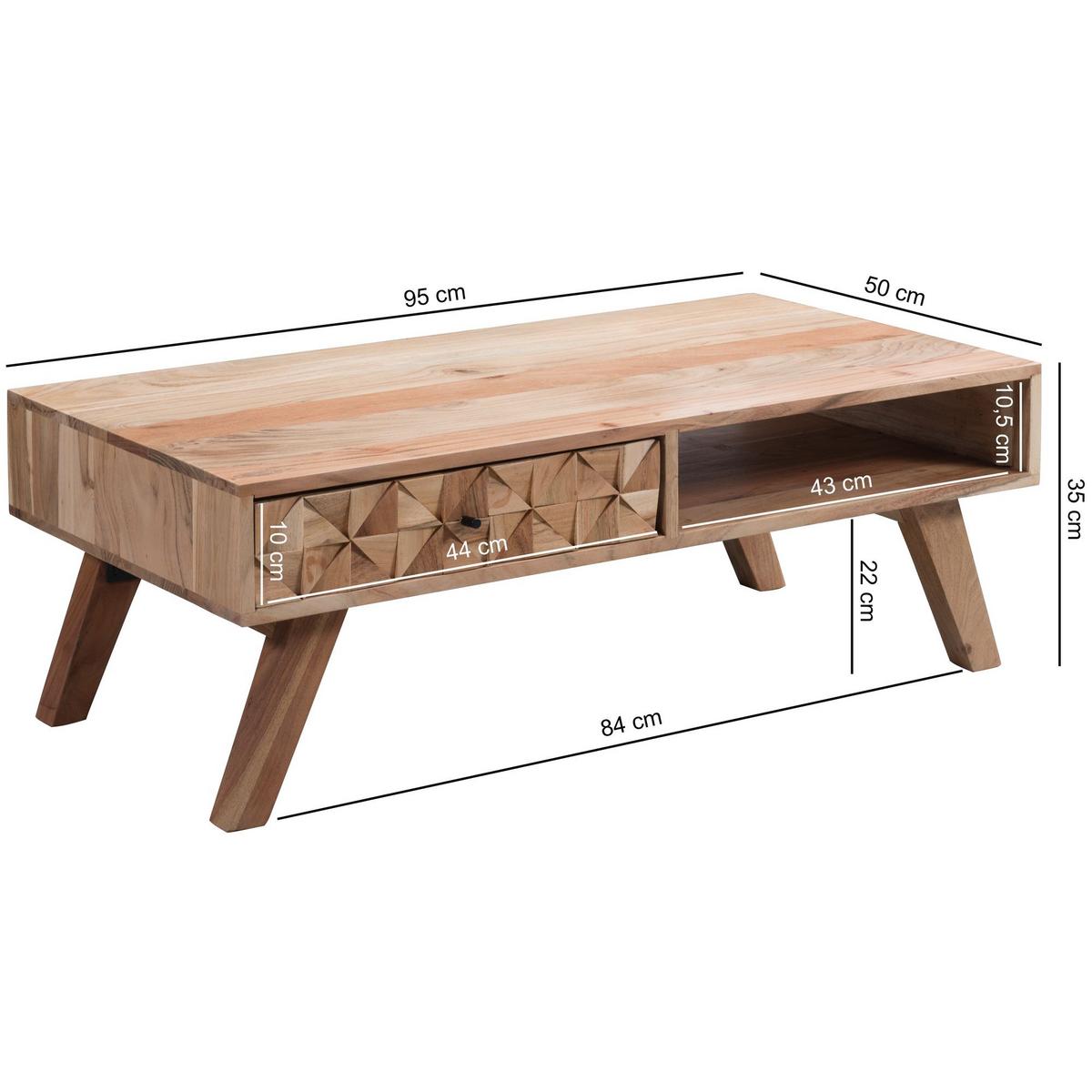 COUCHTISCH Akazie Massivholz mit Schublade 95x35x50cm Landhaus Braun - Akaziefarben, Holz (95/50/35cm) - KADIMA DESIGN