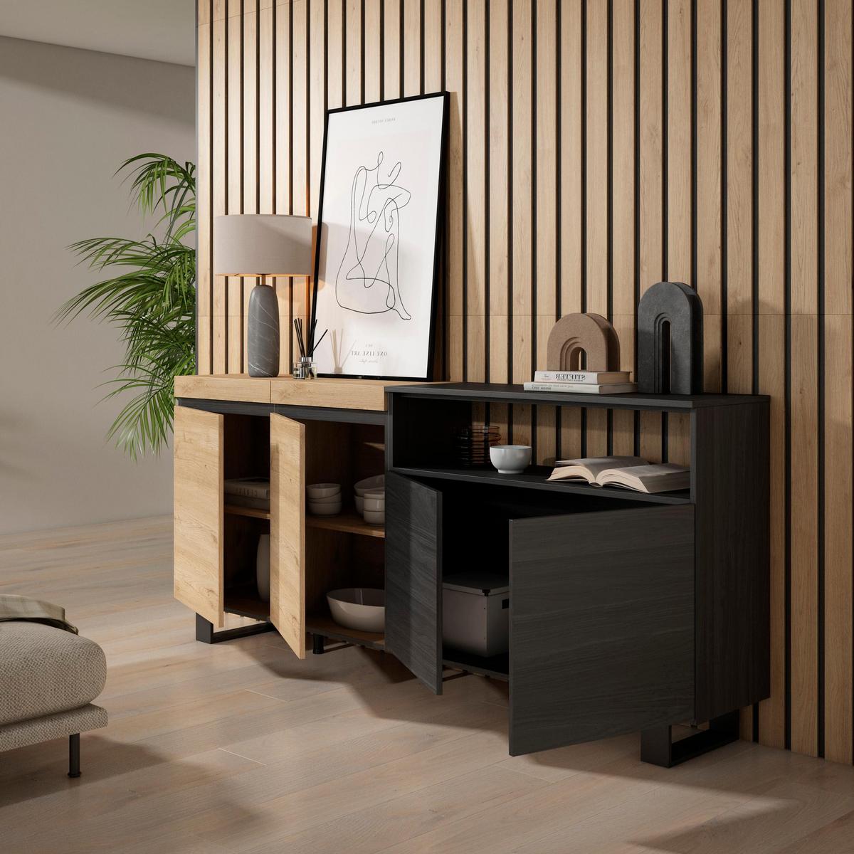 SIDEBOARD eiche, schwarz, 200/35/87cm - Multicolor, Holzwerkstoff (200/87/35cm) - Skraut Home