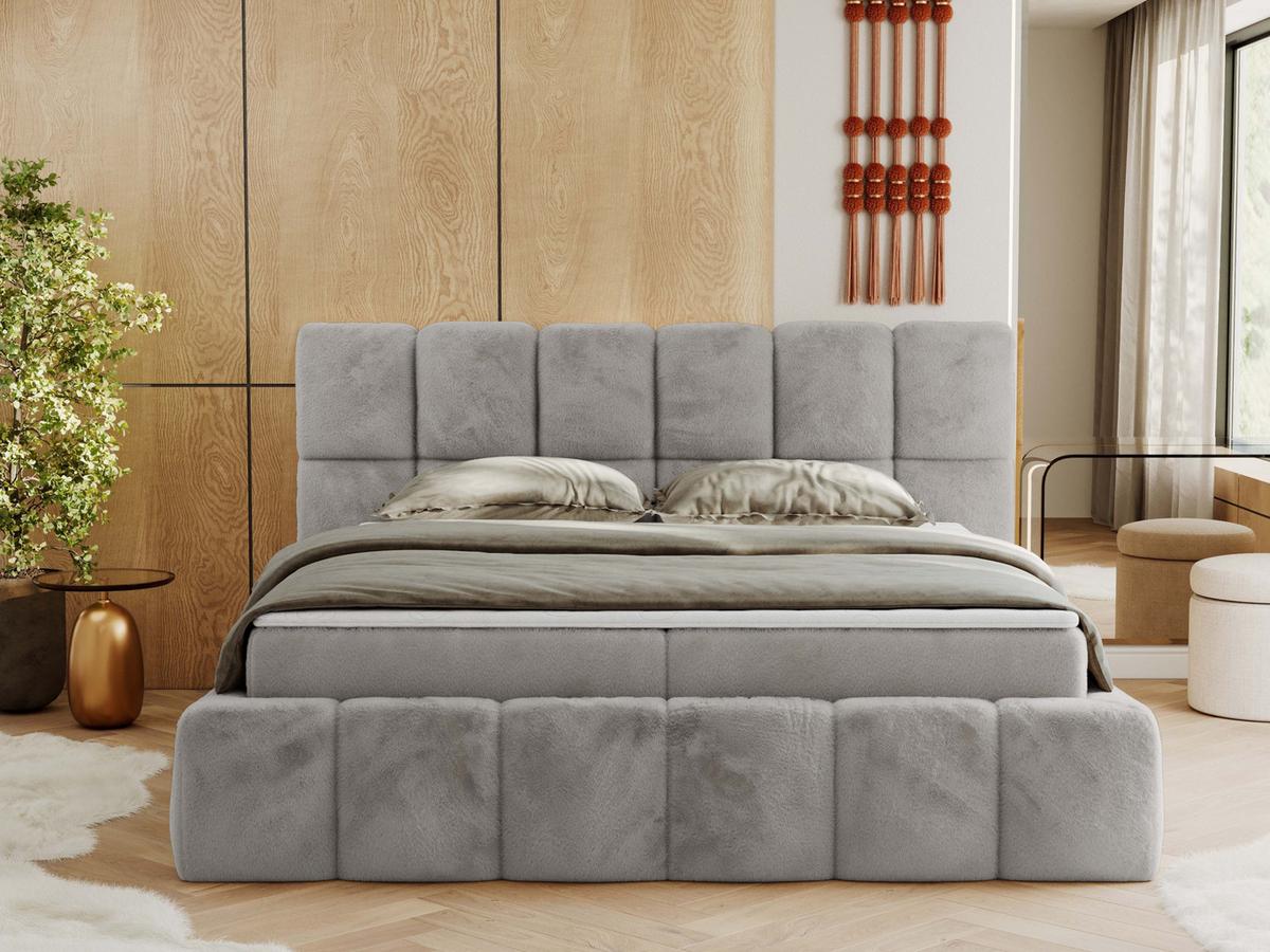 BOXBETT NIRA 180/200 - Hellgrau Plüsch - H3 - Hellgrau, Holz/Textil (180/200cm) - MKS