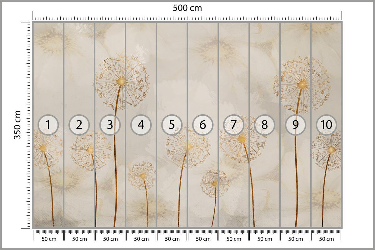 FOTOTAPETE für Schlafzimmer Goldene Löwenzahn Aquarell Blumen 500x350 - Gelb/Beige, Papier (500/350cm) - Muralo