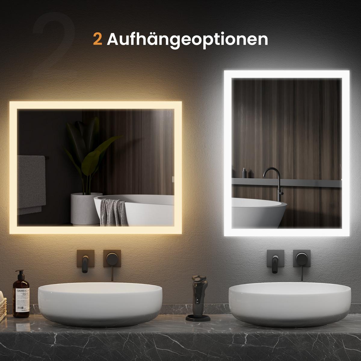 BADSPIEGEL mit Beleuchtung, mechanischem Schalter & Antibeschlag-Funktion, 100/60 cm - Transparent, Glas (100/60/3.5cm) - EMKE