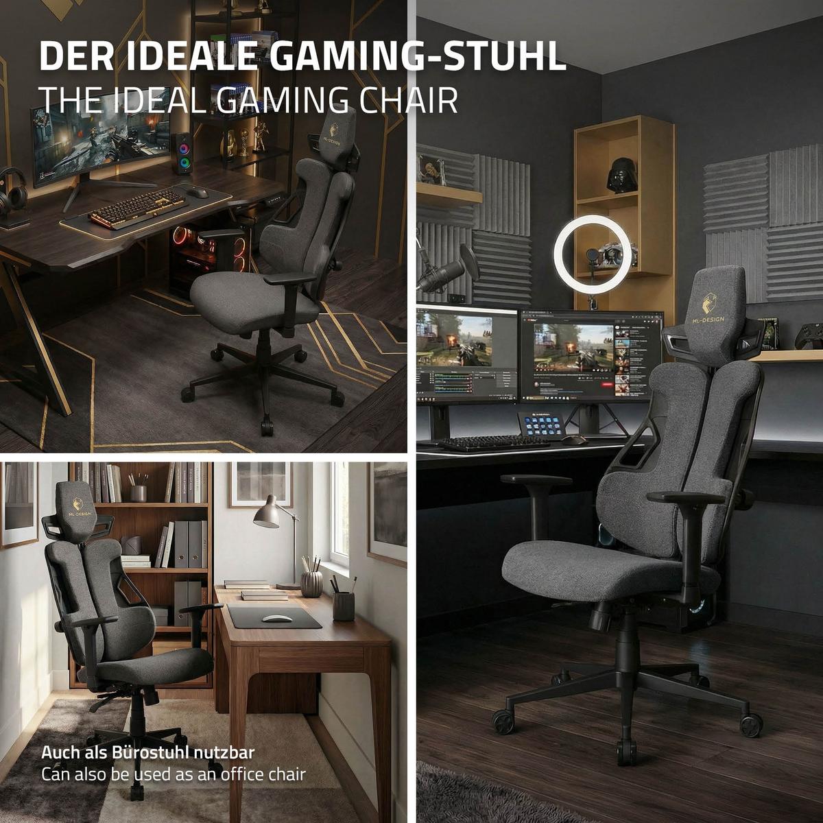 GAMINGSTUHL mit Stoffbezug in Grau Individuell Einstellbar - Schwarz/Grau, Kunststoff/Textil (69/142/68cm) - ML-DESIGN