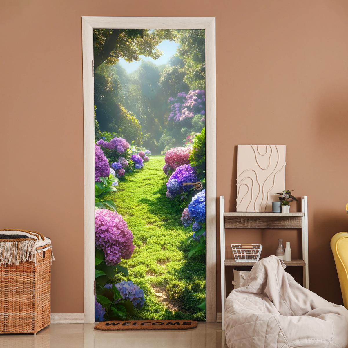 TÜRAUFKLEBER Natur - Hortensie - Blumen - Grün 90x235 cm - Türtapete - Hellgrün, Kunststoff (90/0.1cm) - MuchoWow