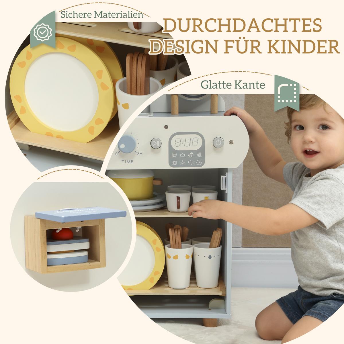 KINDER-SPIELKÜCHE mit Wasserhahn Holzgeschirrspüler - Hellblau, Holzwerkstoff (36/26/52cm) - AIYAPLAY