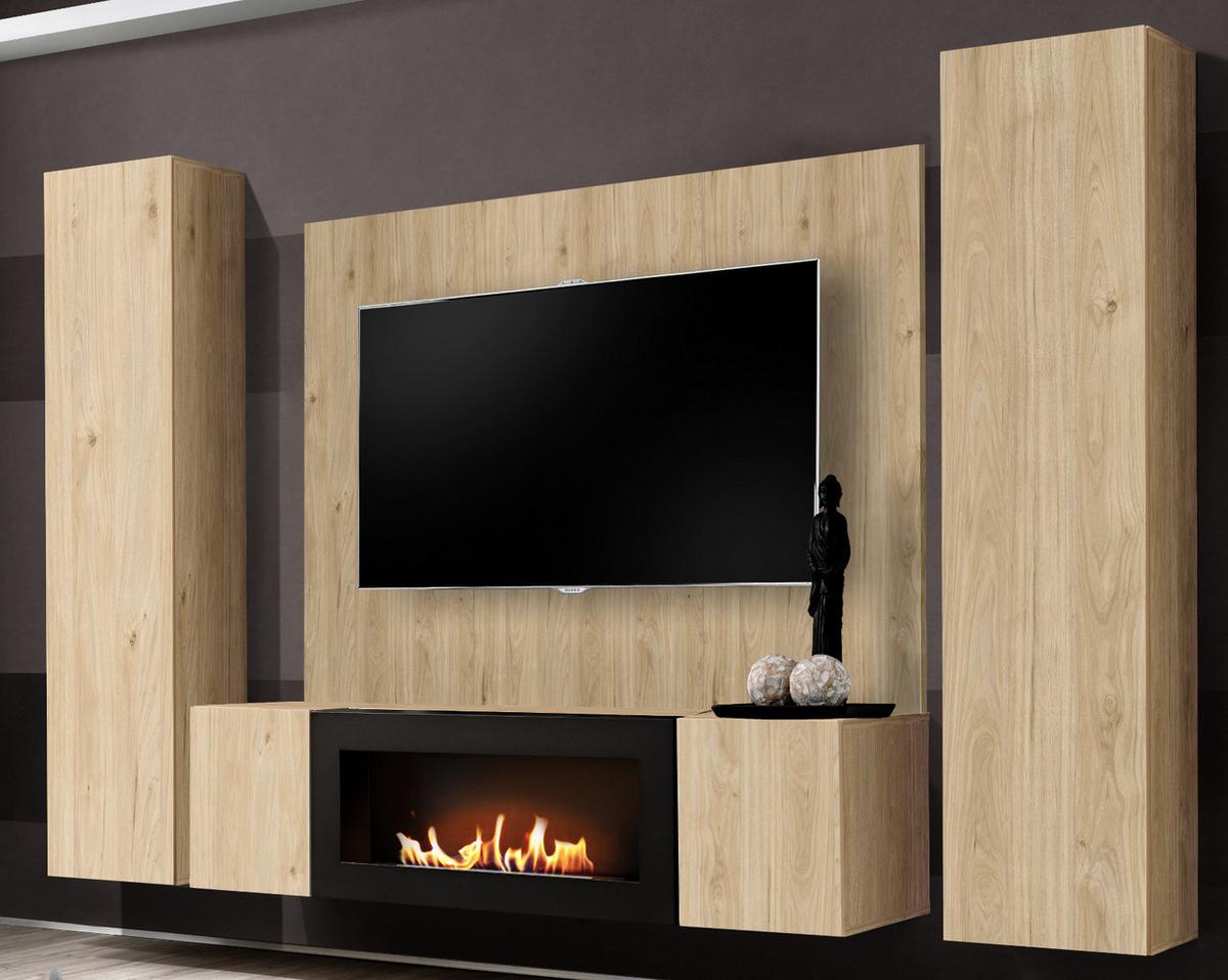 WOHNWAND Eiche Jackson 4-teilig 260 cm hängend, Schrankwand mit Ethanol Kamin - Eichefarben, Holzwerkstoff (260/170/40cm) - Inn.Furn
