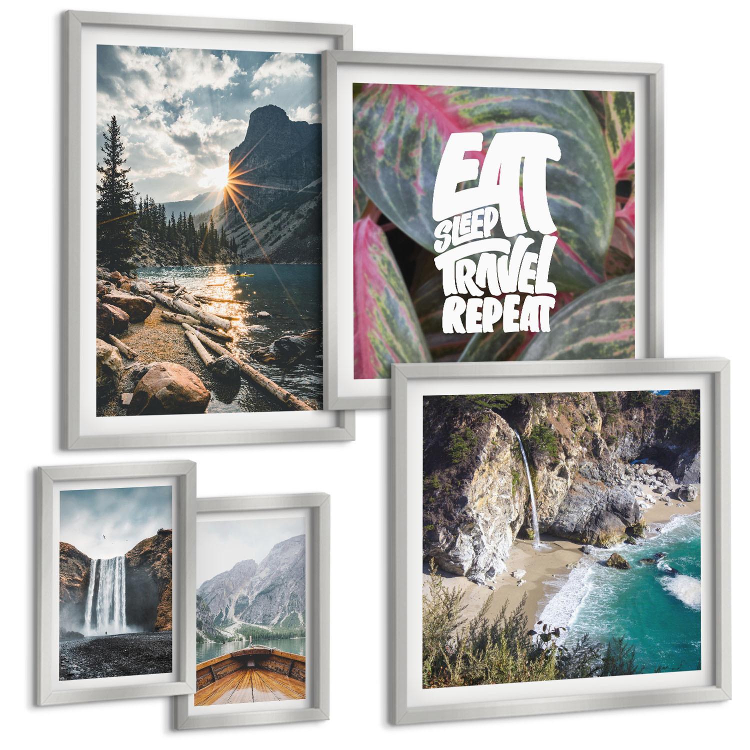 BILDER SET 5er Set - 50x50 cm & 20x30 cm & 40x60 cm Silberner Rahmen - Wasserfall Bergreise Natur - Silberfarben, Kunststoff (40/60cm) - TULUP