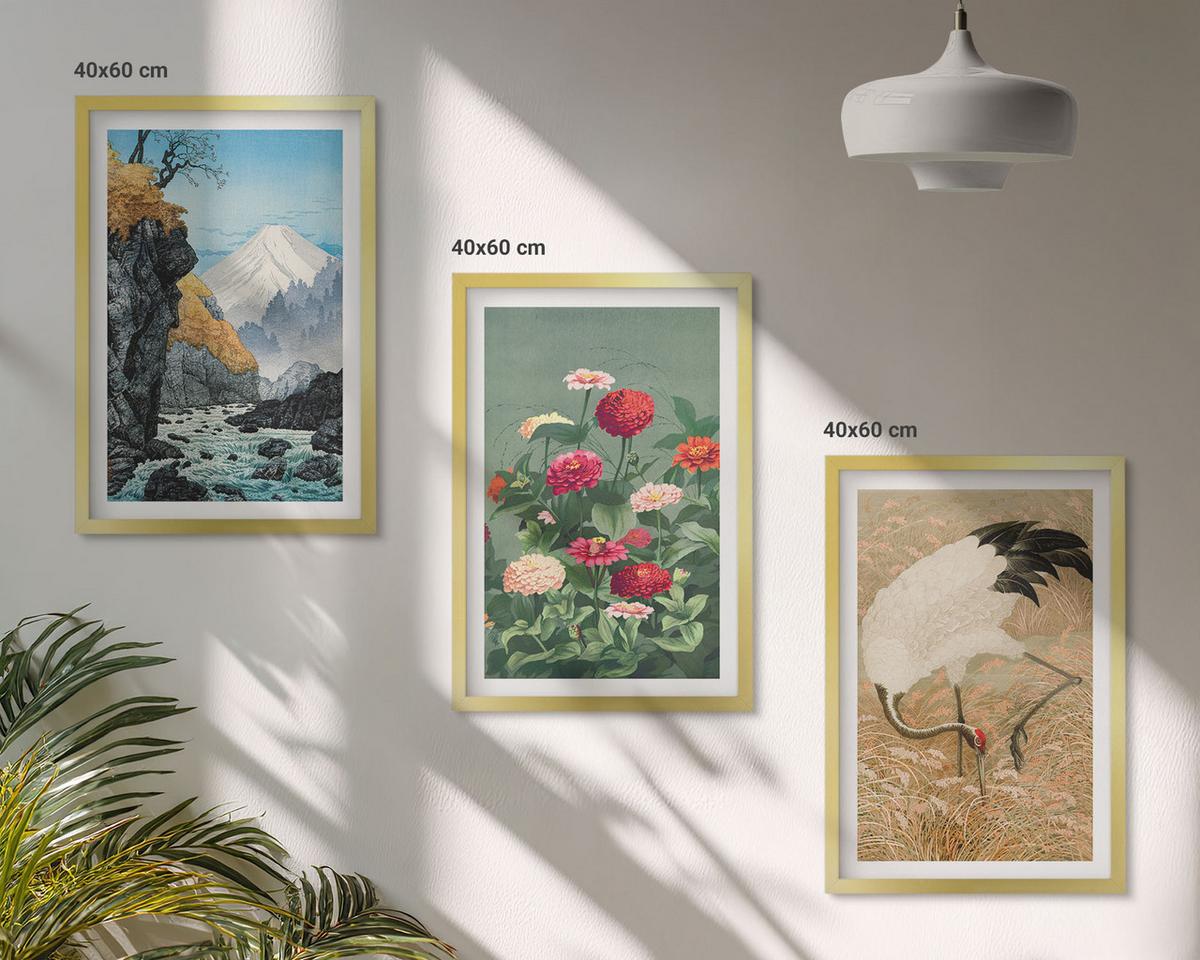 BILDER SET 3er Set - 40x60 cm Goldrahmen - Berglandschaft, Fluss, Blumen, Kraniche - Goldfarben, Kunststoff (40/60cm) - TULUP