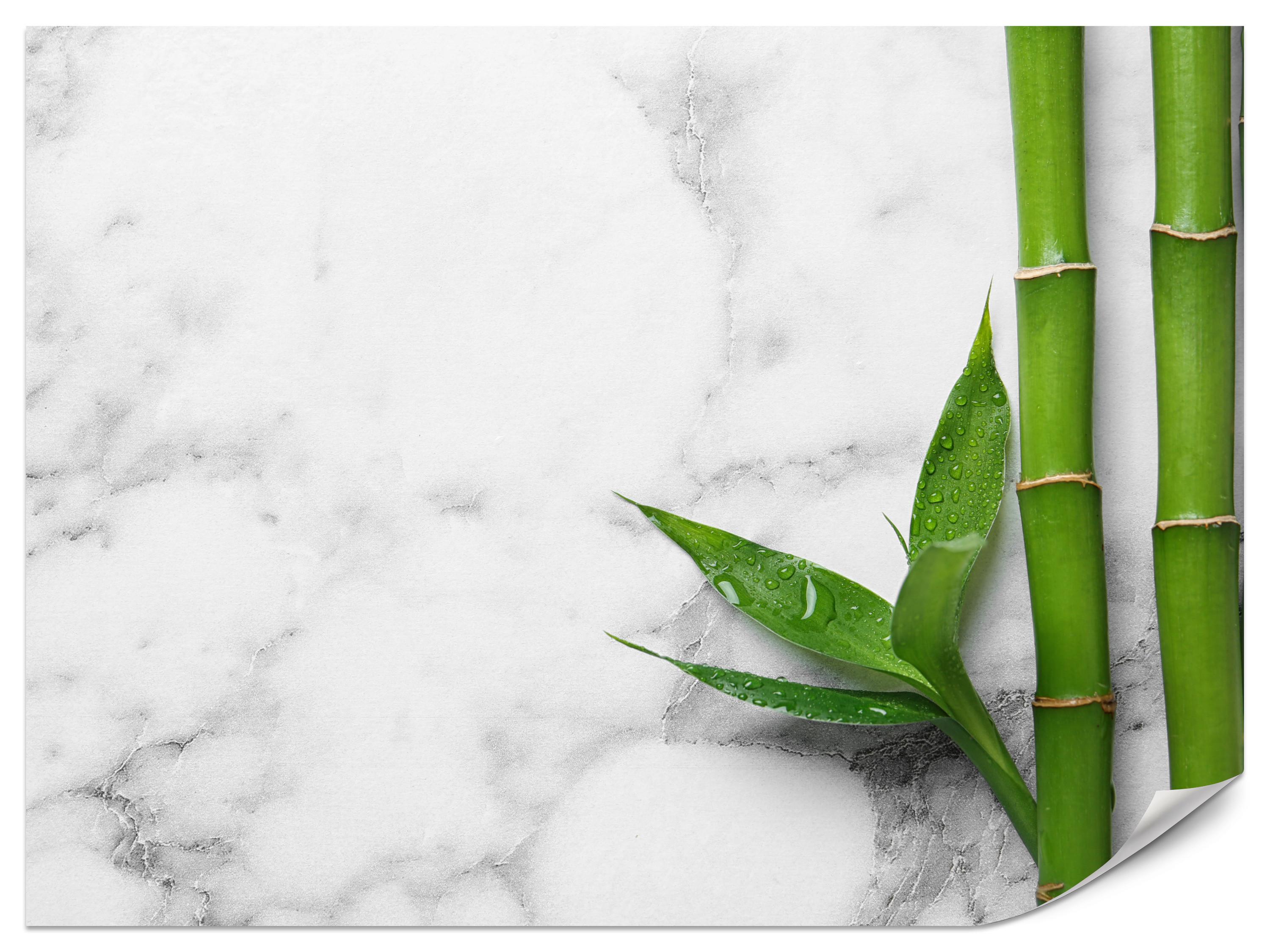 FOTOTAPETE für Küche Bambusblätter Grauer Marmor Exotisch Elegant 300x210 - Weiß/Grau, Papier (300/210cm) - Muralo