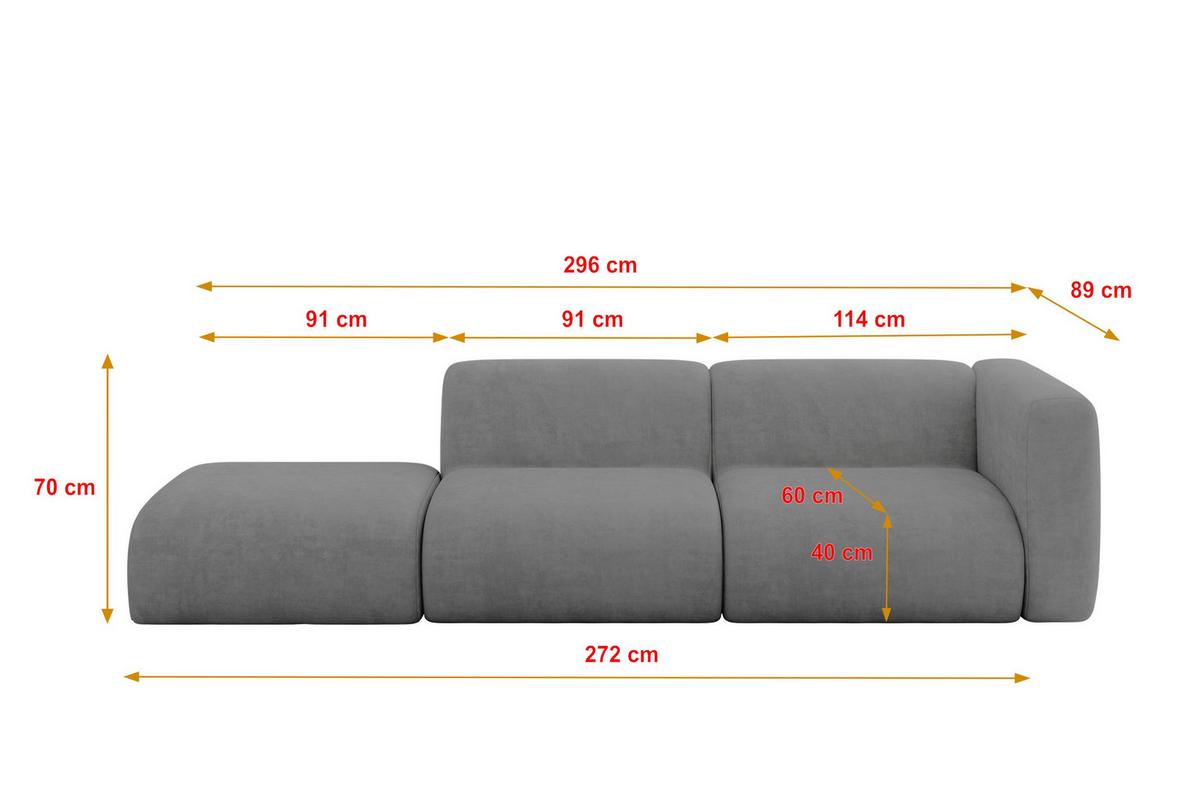 SOFA Ottomane Rechts MIRA-S3 296x89x70 Grau Velours - Schieferfarben/Schwarz, Holzwerkstoff/Kunststoff (296/70/89cm) - ALTDECOR