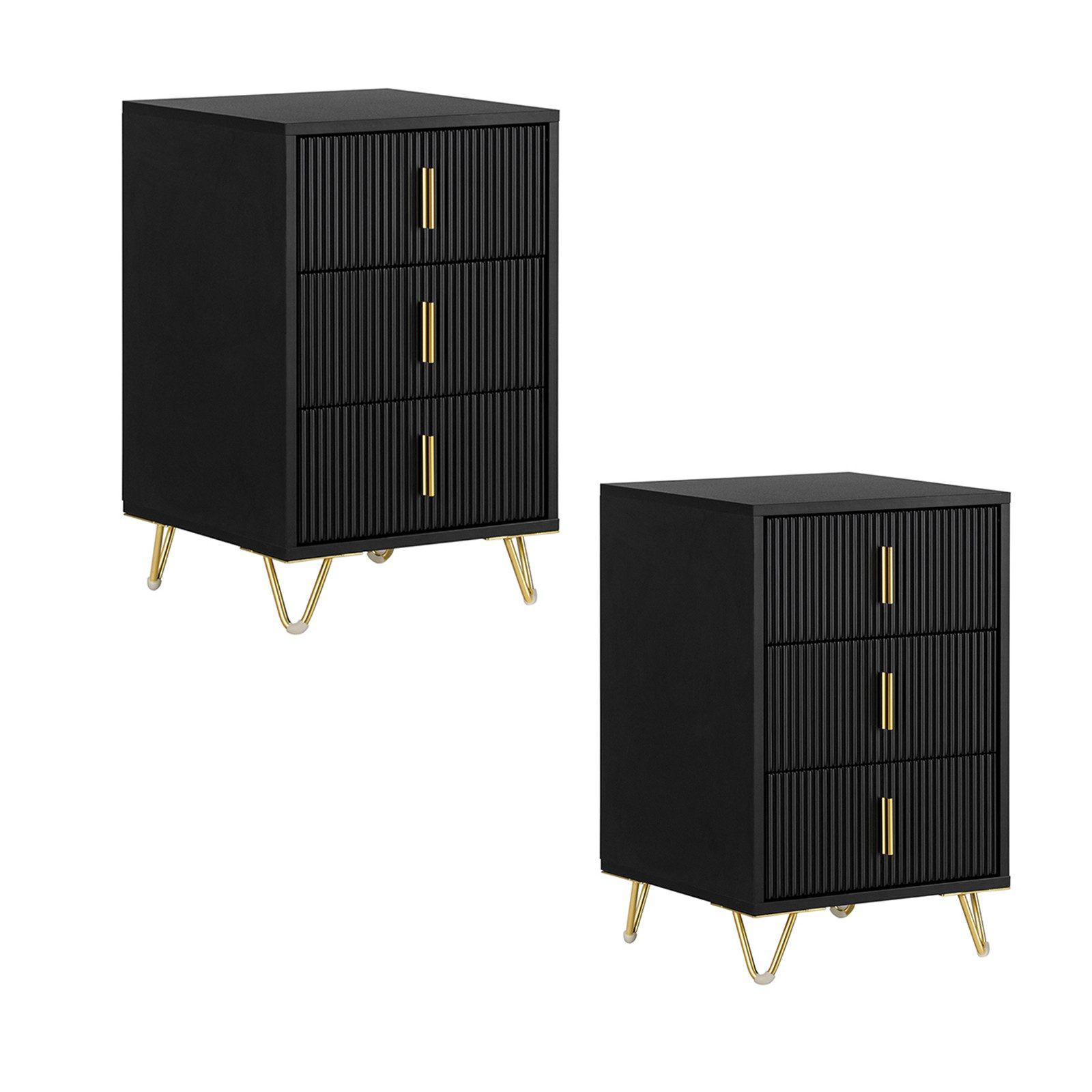 NACHTTISCH 2er Set, Beistelltisch mit 3 Schubladen modern Schwarz 40x40x63cm - Schwarz, Holzwerkstoff (40/63/36cm) - SoBuy