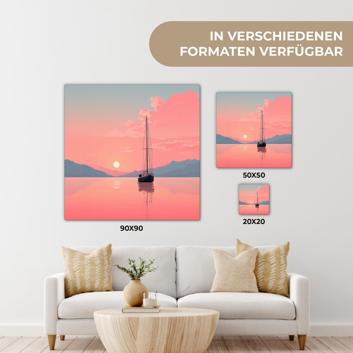 LEINWANDBILD Segelboot - Rosa Meer - Sonnenuntergang - Berge Wandbild Wohnzimmer 50x50 cm - Rosa, Textil (50/50cm) - MuchoWow