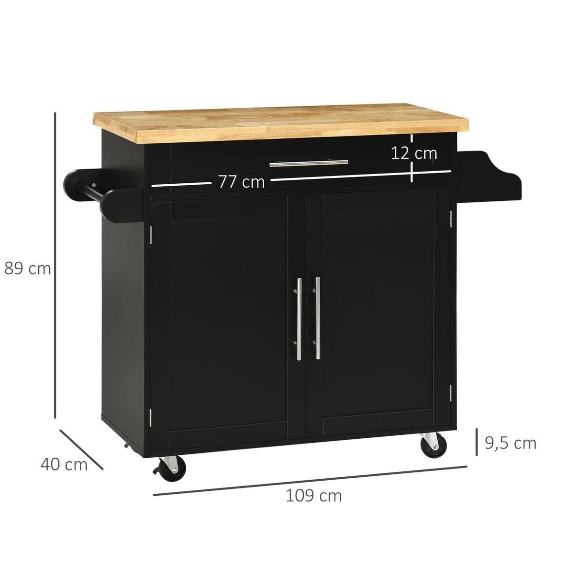 KÜCHENWAGEN, Gummiholz, Schwarz, 109 x 40 x 89 cm - Schwarz, Holzwerkstoff (40/89/109cm) - HOMCOM