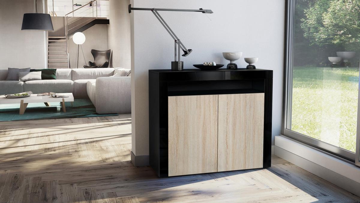 KOMMODE Valencia Eiche sägerau / Schwarz Hochglanz - Ecru/Schwarz, Holzwerkstoff (108/92/40cm) - Vladon