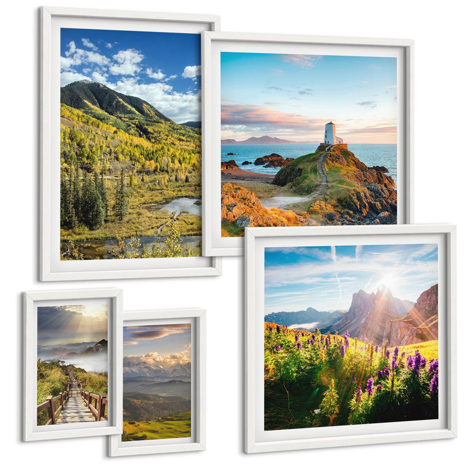 BILDER SET 5er Set - 50x50 cm & 20x30 cm & 40x60 cm Weißer Rahmen - Berglandschaften Wasserfall - Weiß, Kunststoff (40/60cm) - TULUP