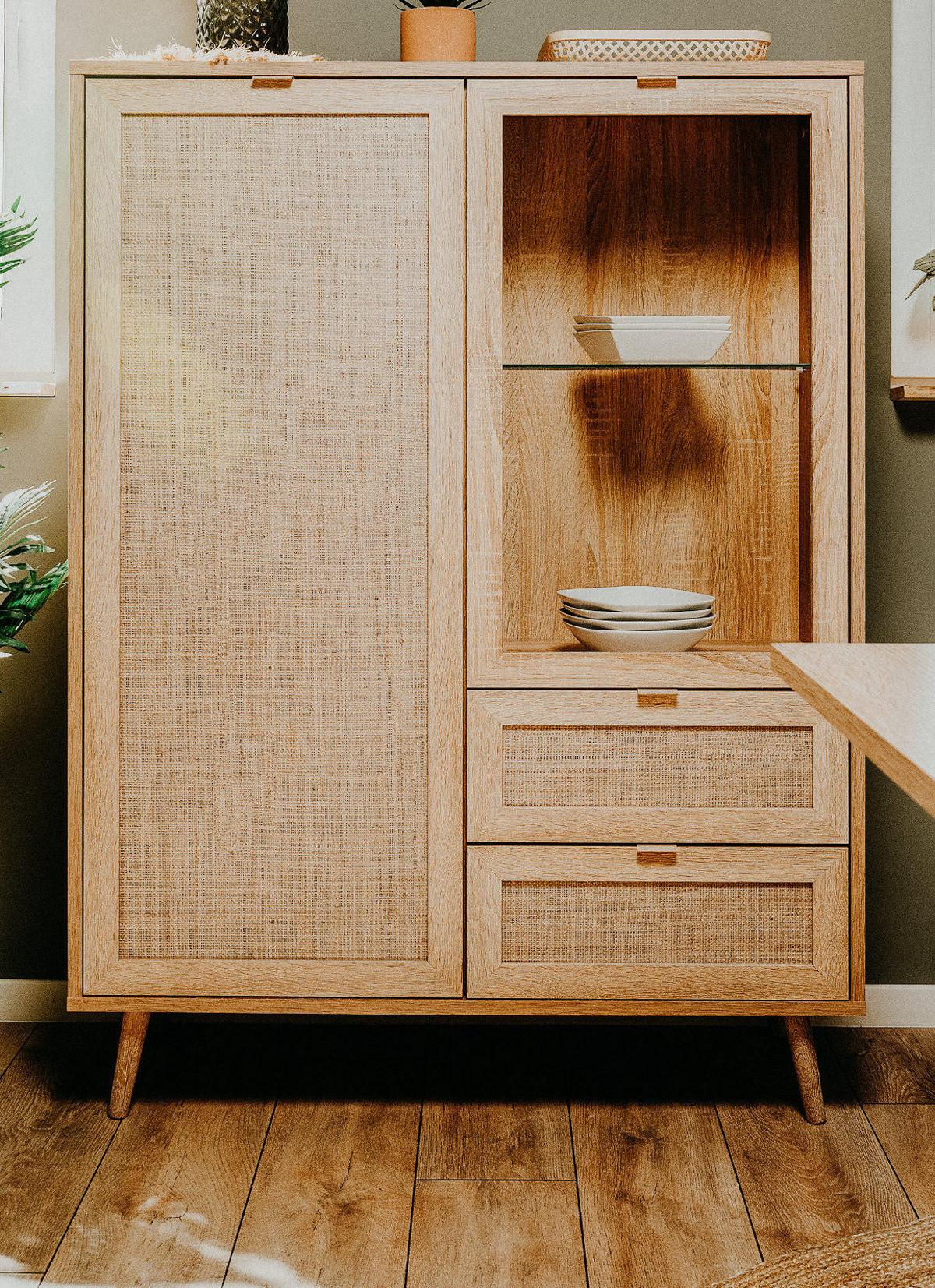 HIGHBOARD Eiche Sonoma, Bast-Dekor 102 cm, Anrichte skandinavisch - Eichefarben, Glas/Holz (101.5/139/40cm) - Furn.Design