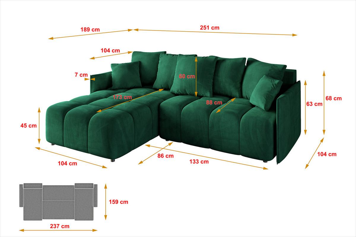 ECKSOFA Ottomane links LONLI-L 251x189x68 Dunkelgrün Velours - Dunkelgrün, Holzwerkstoff/Kunststoff (251/189cm) - ALTDECOR