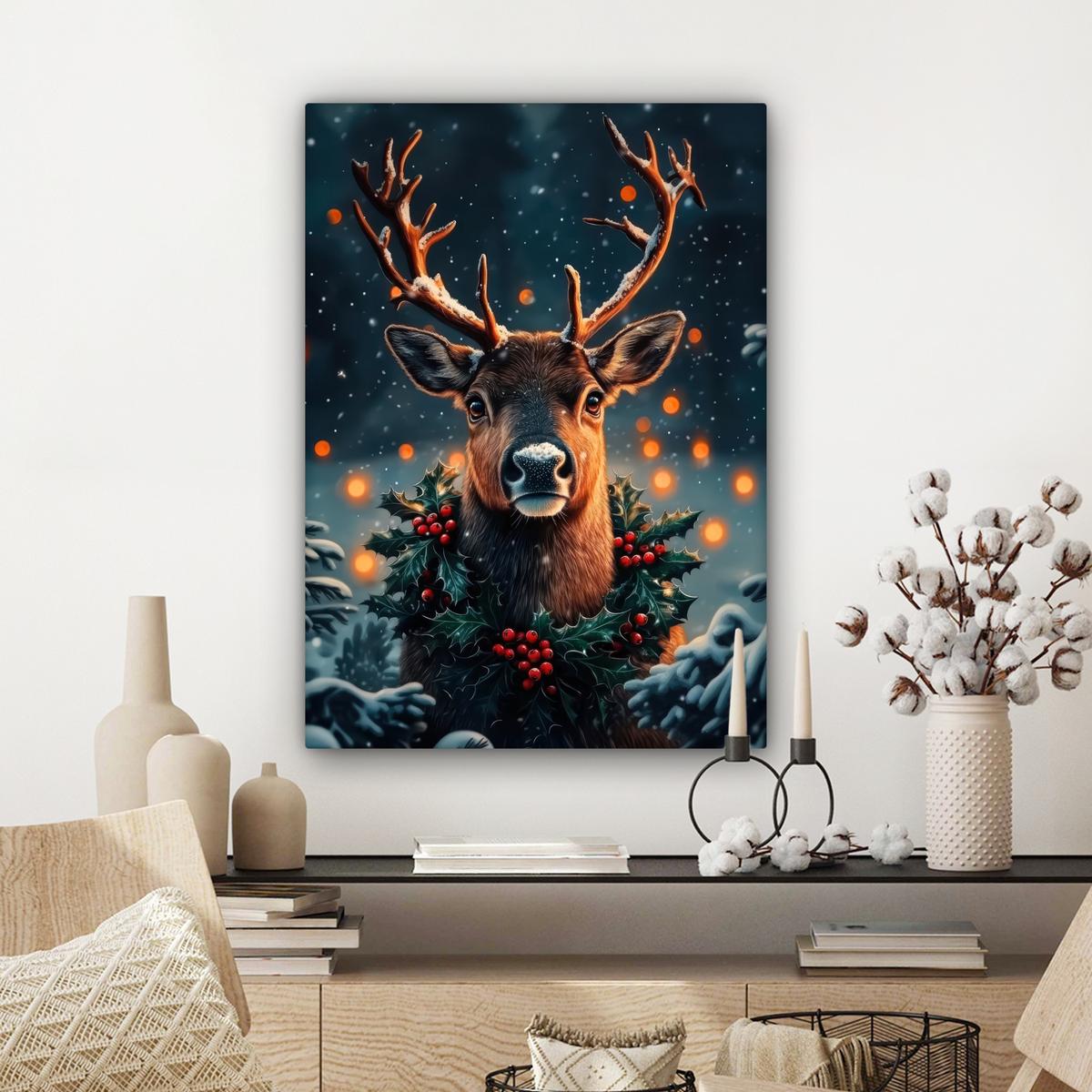 LEINWANDBILD Hirsch - Weihnachten - Winter - Schnee - Weihnachtskranz Wandbild Wohnzimmer 60x80 cm - Dunkelbraun, Textil (60/80cm) - MuchoWow